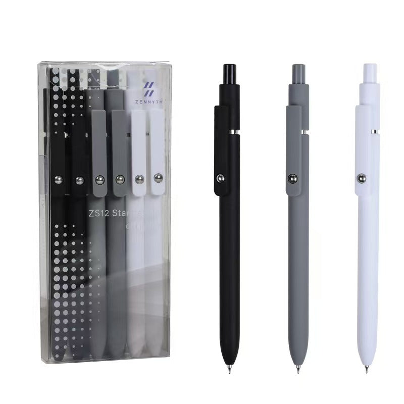 Zennyth Onyx Gel Pens Set of 5 | Black Grey White Monochrome Retractable Pens | Professional Quick-Dry Rollerball Pens for Office, School & Journaling