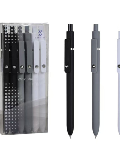 Zennyth Onyx Gel Pens Set of 5 | Black Grey White Monochrome Retractable Pens | Professional Quick-Dry Rollerball Pens for Office, School & Journaling